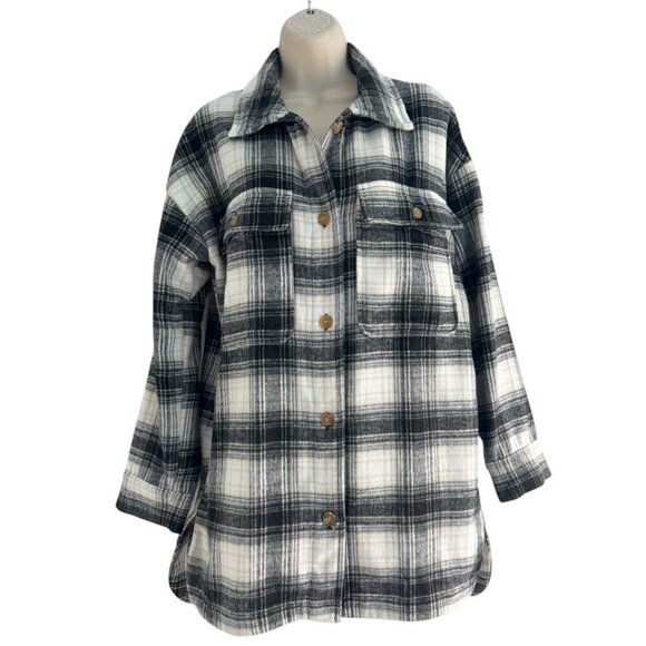 Banana Republic Woman's Sz S Shacket Shirt Jacket Black Cream Plaid Wool Blend - Picture 2 of 13